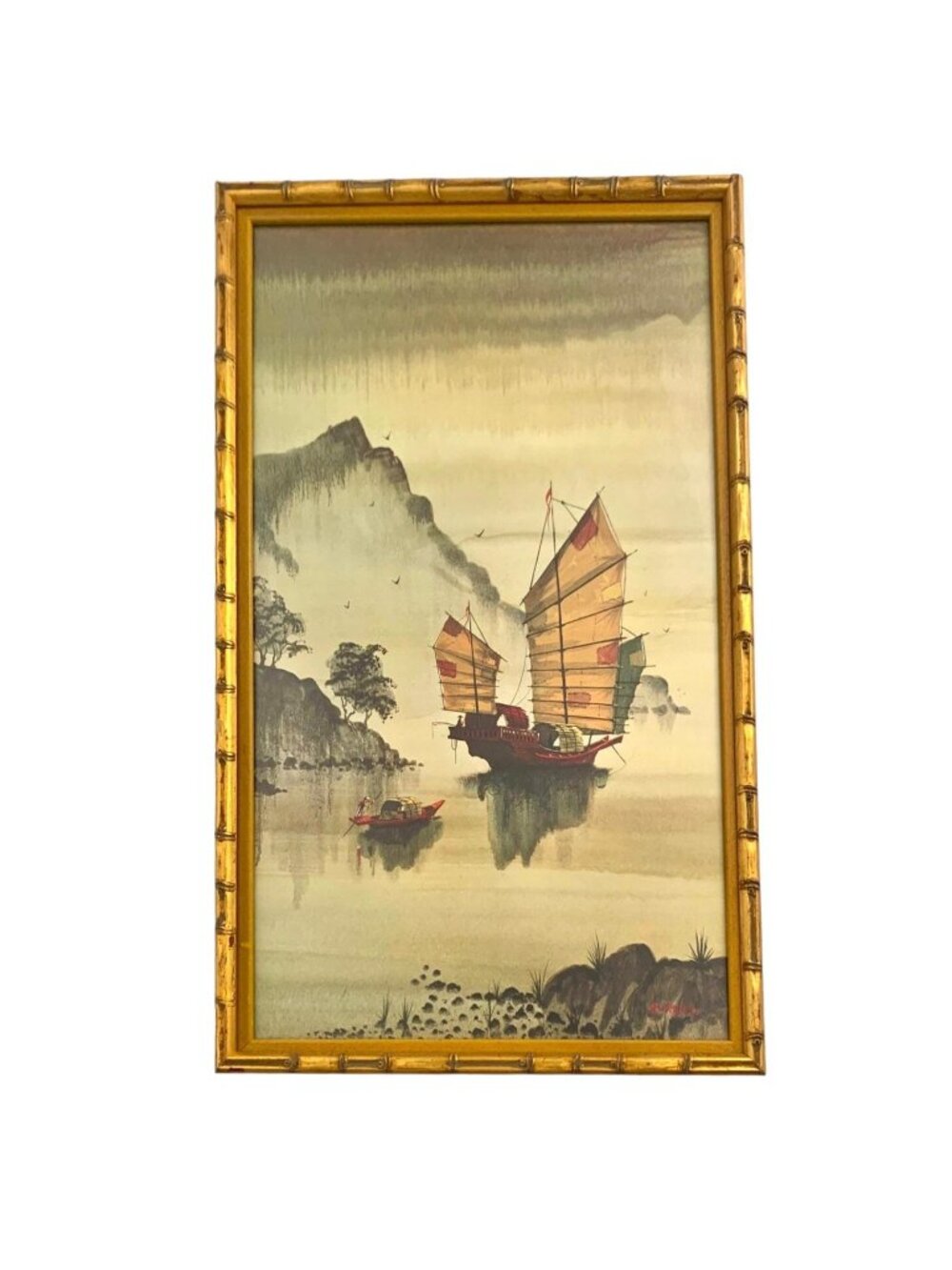 Boat in China River Lithograph Art by R. E. Russell Vintage Asian Seascape Decor